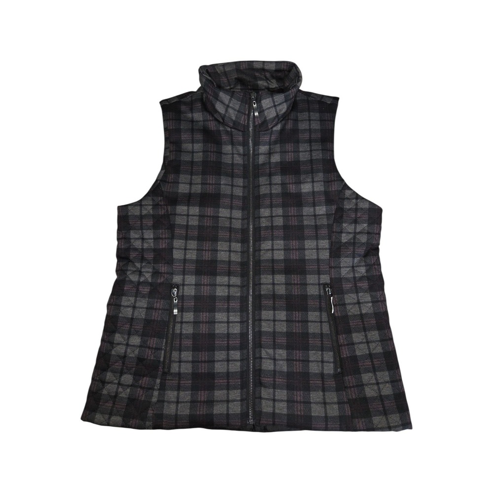 Lemon Tart Vest Womens Large Grey Plaid Quilted Full Zip Mock Neck T90392N1038